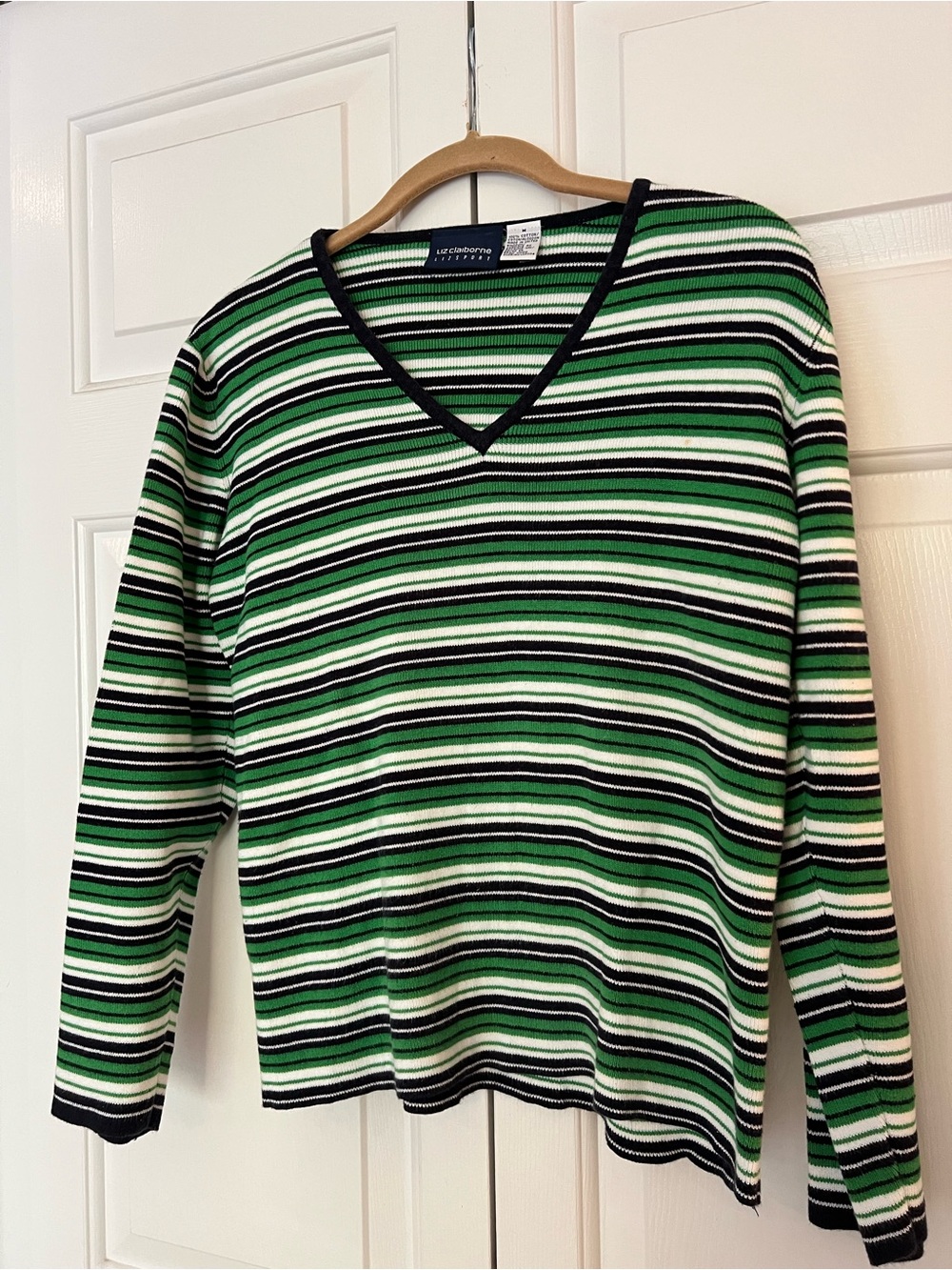 Liz Claiborne Striped V-Neck Cotton Sweater in Green, Navy Blue & White Size M
